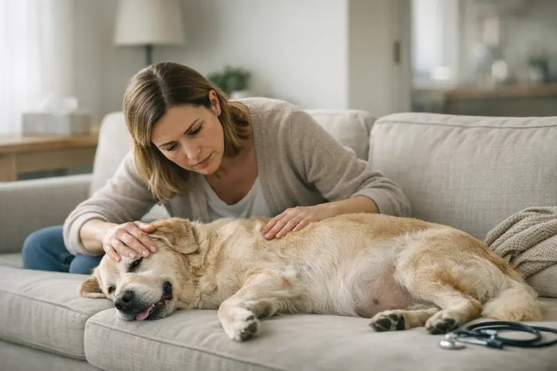 Hund müde - Warnzeichen erkennen Ein besorgter Hundebesitzer beobachtet seinen müden Hund und überlegt, ob er zum Tierarzt gehen sollte.