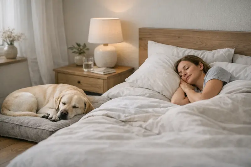 Hund im Schlafzimmer Ein Hund schläft friedlich im Schlafzimmer auf einem eigenen Liegeplatz neben dem Bett.