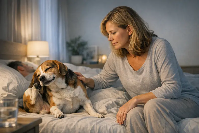 Nachtliche Warnsignale bei Hunden Ein Hund liegt unruhig im Schlafzimmer und zeigt Symptome wie Kratzen und Schmatzen.