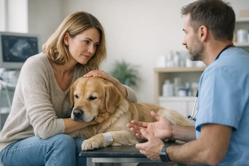 Tierarztbesuch Hund Schmerzdiagnose Tierarztuntersuchung eines Hundes zur Schmerzdiagnose.