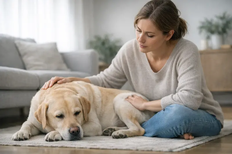 Erkennen von Schmerzen beim Hund Ein Hund liegt entspannt auf dem Boden, zeigt jedoch subtile Anzeichen von Unwohlsein.