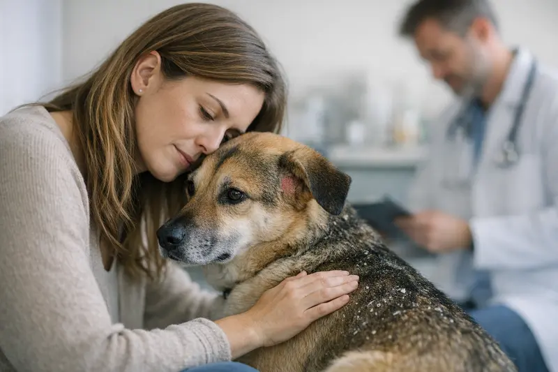 Tierarztbesuch Hund Hautprobleme Hund mit Hautproblemen beim Tierarzt zur Untersuchung.