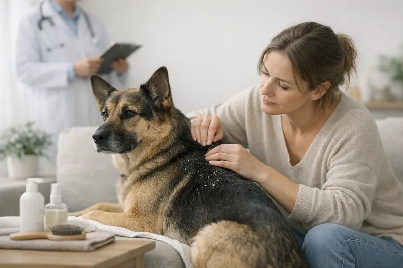 Hundehalter untersucht das Fell seines Hundes auf Schuppen und Hautprobleme.