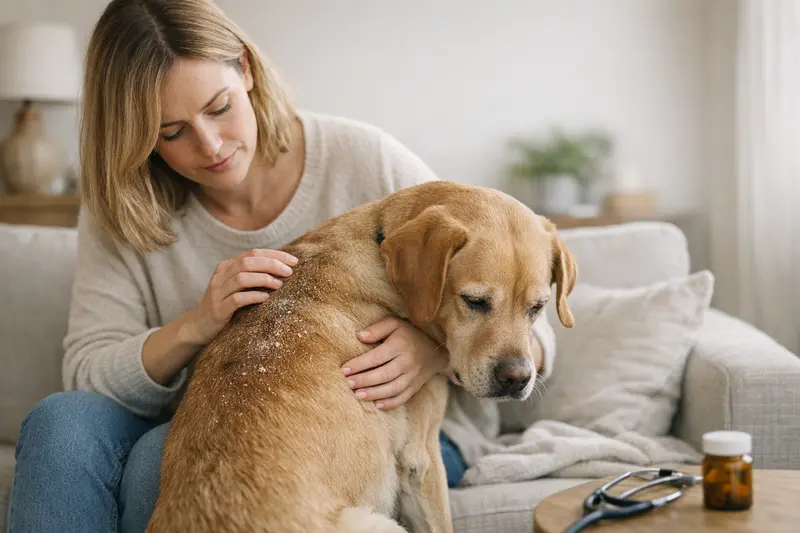 Hundehautprobleme beim Fellwechsel Hund mit Schuppen im Fell, symbolisch für Hautprobleme und Gesundheitsfragen bei Hunden