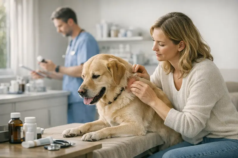 Hundehalter bespricht die Behandlungsmöglichkeiten für Allergien beim Tierarzt.