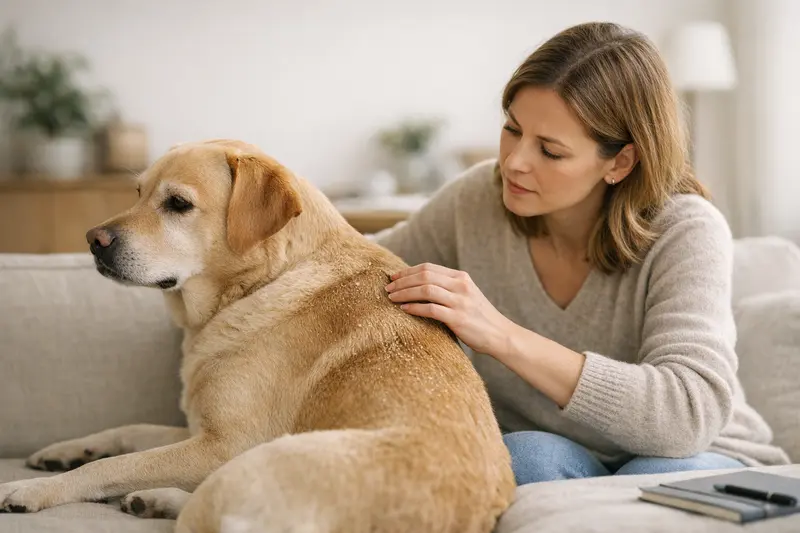 Tierarztbesuch bei Schuppenbildung am Hund Hund mit Schuppenbildung wird vom Tierarzt untersucht.