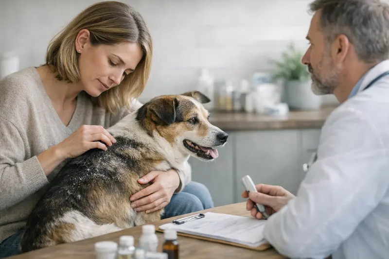 Tierarztbesuch bei Hautproblemen beim Hund Ein Hund beim Tierarzt, der auf Hautprobleme untersucht wird, während der Besitzer besorgt zuschaut.