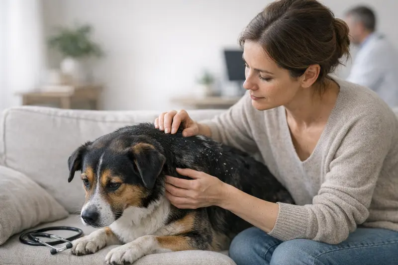 Hund mit Schuppen - Tierarztbesuch notwendig? Ein Hund mit Schuppen auf dem Fell, der aufmerksam schaut.