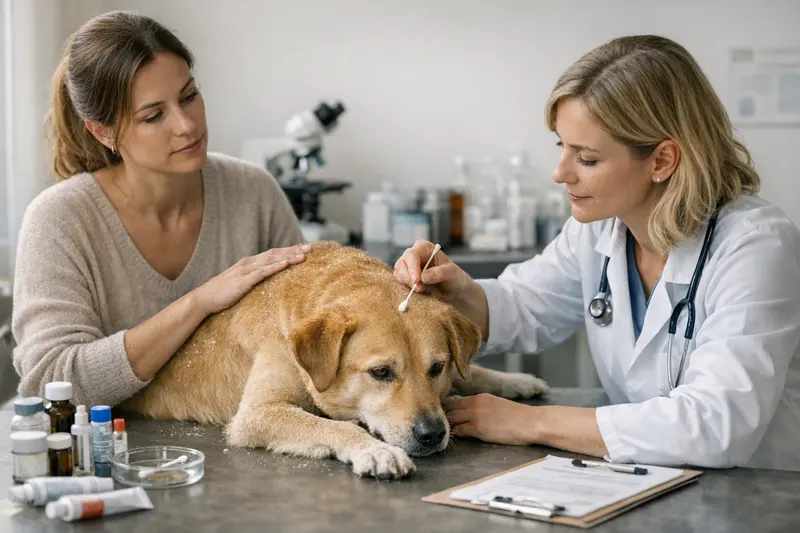 Tierarztkostenermittlung bei Hundeschuppen Ein Tierarzt untersucht einen Hund mit Hautproblemen und Schuppen.