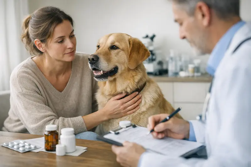Hund beim Tierarzt zur Gesundheitsprüfung Ein Hund beim Tierarzt zur Untersuchung von Hautproblemen.