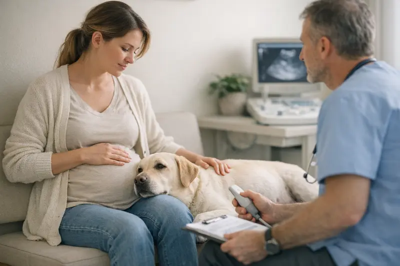 Trächtigkeit und Tierarztbesuch Trächtige Hündin beim Besuch beim Tierarzt zur Gesundheitsberatung.