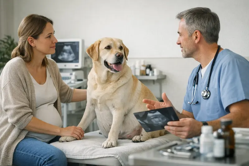 Tierarztkosten Hundeschwangerschaft Ein Hundebesitzer berät sich mit einem Tierarzt über die medizinischen Kosten während der Trächtigkeit.