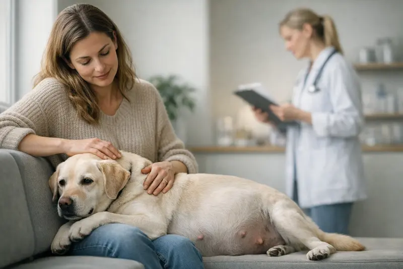 Hund beim Tierarzt für eine Untersuchung während der Trächtigkeit.