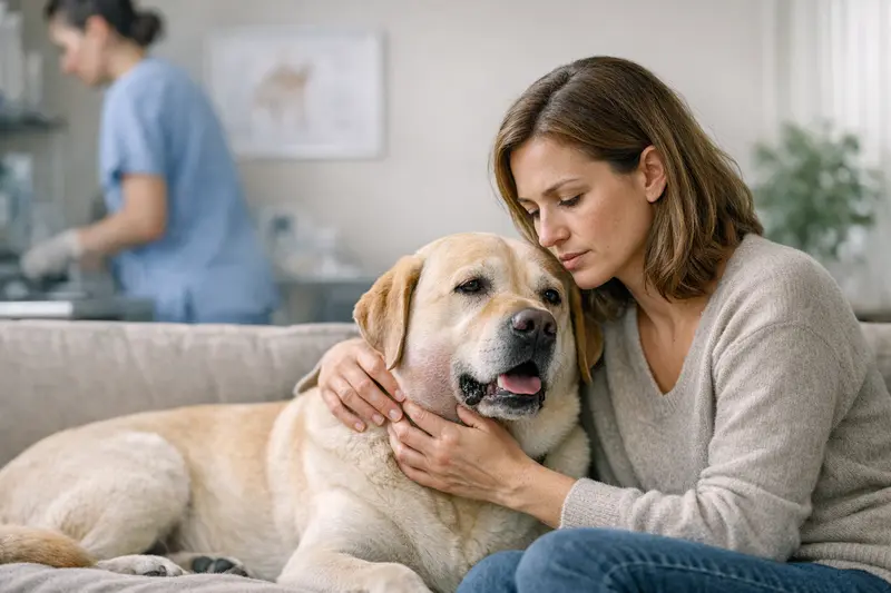 Hund mit Schwellung im Halsbereich Ein Hund mit einer Schwellung am Hals, der besorgt von seinem Besitzer beobachtet wird.