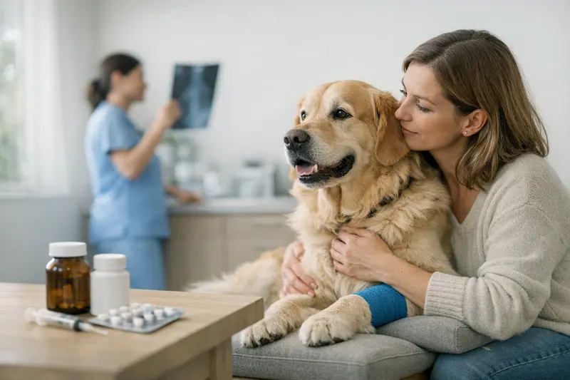 Hunde-Krankenversicherung Medikamente Ein Hund beim Tierarzt, während er Medikamente erhält und untersucht wird.
