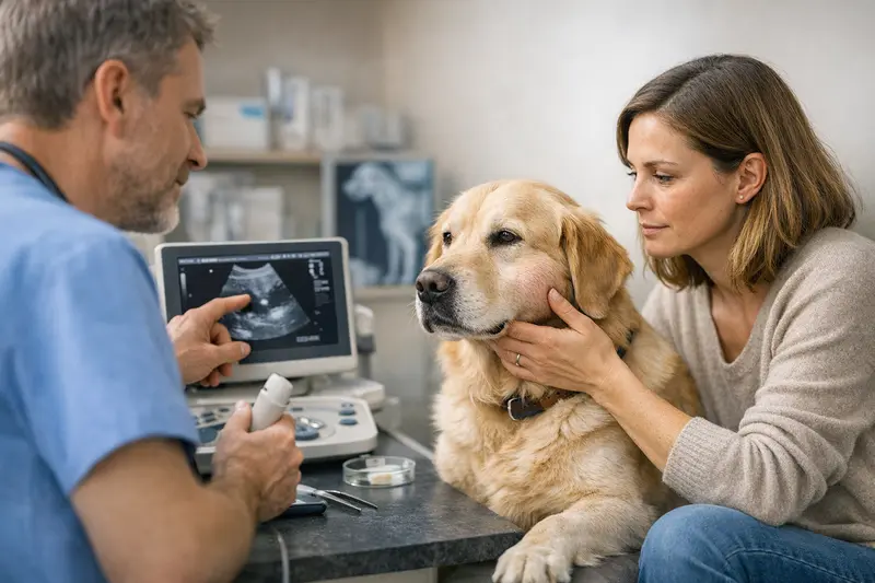 Tierarztuntersuchung bei Hundeschwellung Hundehalter beim Tierarzt, der eine Schwellung bei einem Hund untersucht.