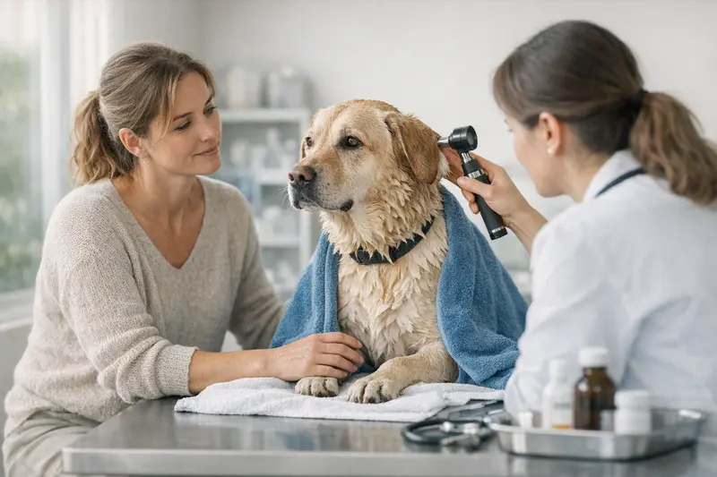 Hund im Wasser - Gesundheit und Op-Versicherung Ein Hund schwimmt im Wasser und wird dabei beobachtet, während der Besitzer über Tierarztkosten nachdenkt.