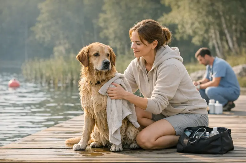 Ein Hund schwimmt im Wasser, während sein Besitzer aufmerksam auf ihn achtet.