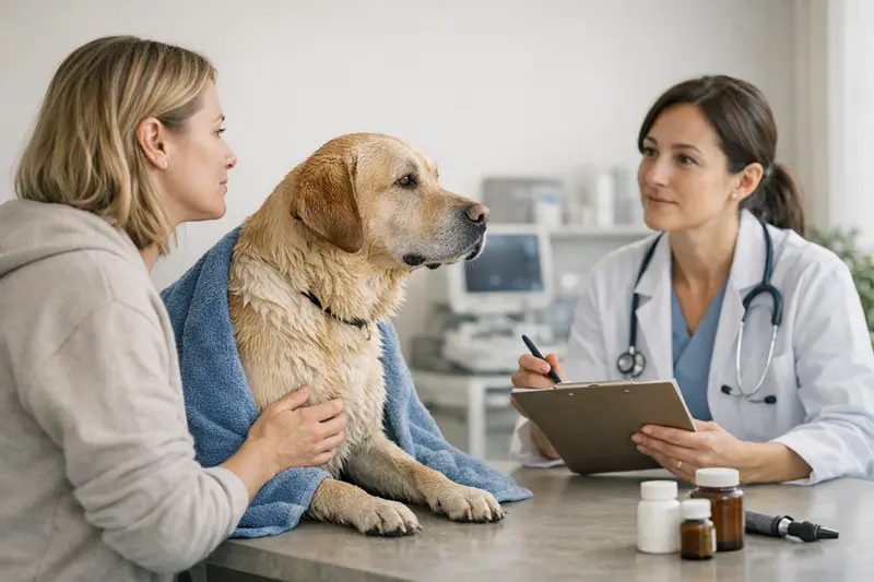 Ein Hund schwimmt im Wasser, während der Besitzer auf seine Gesundheit achtet.