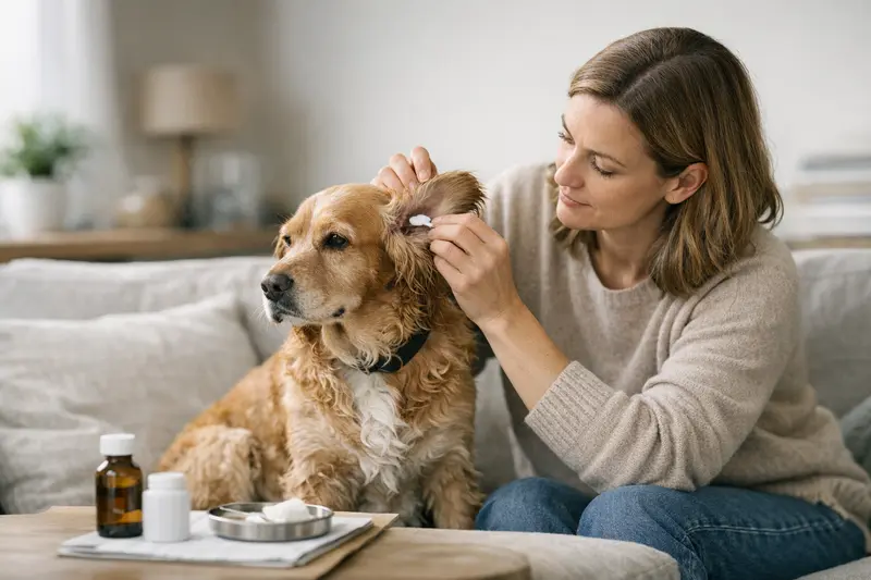 Hund untersucht seine Ohren beim Tierarzt für mögliche Entzündungen.
