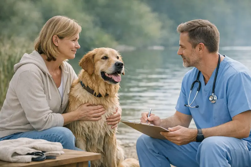 Ein Hund springt fröhlich ins Wasser, während sein Besitzer zuschaut.