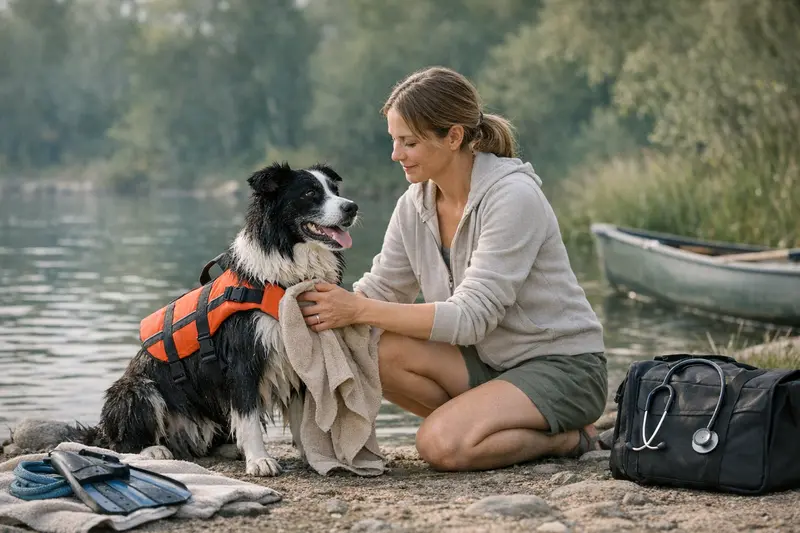 Aktiver Hund beim Schwimmen Aktiver Hund, der fröhlich im Wasser schwimmt und Spaß hat.