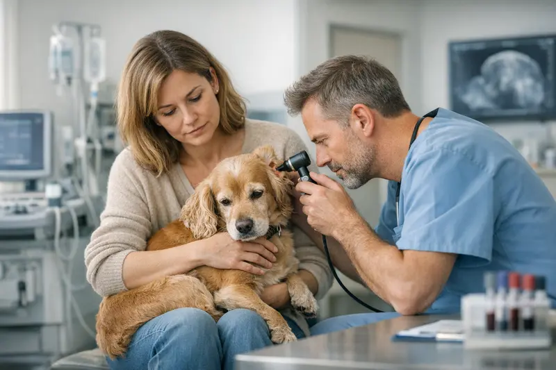 Ein Hund wird beim Tierarzt auf Gleichgewichtsstörungen untersucht.