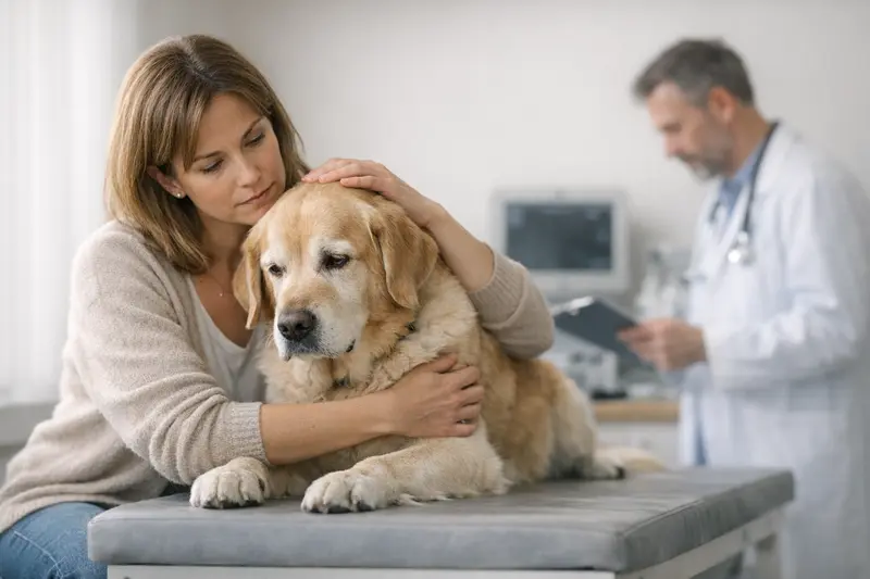 Tierarztuntersuchung Hund Ein Hund wird von einem Tierarzt untersucht, während seine Halterin besorgt zusieht.