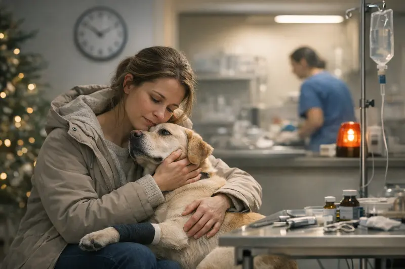 Tierarztbesuch im Notfall an Feiertagen Ein Hund beim Tierarzt, der Notfallbehandlung benötigt.