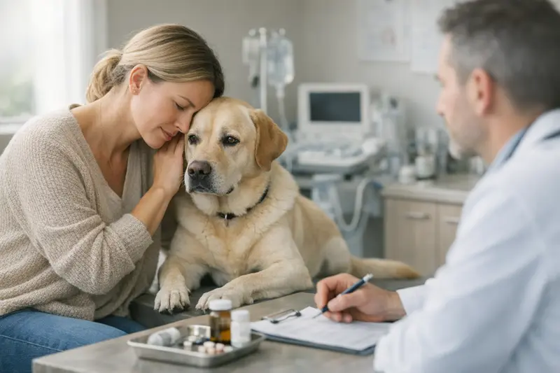 Hund beim Tierarzt an Silvester Ein Hund sitzt besorgt bei einem Tierarzt, während Silvesterfeuerwerk im Hintergrund zu sehen ist.