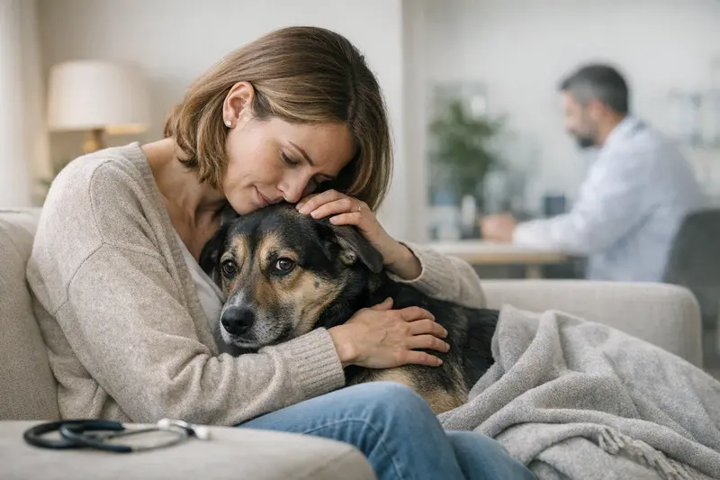 Hund mit Angstproblemen bei der Untersuchung beim Tierarzt.