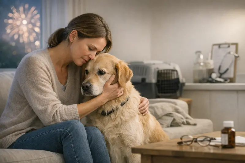 Ein Hund, der vor Silvester in einer Tierarztpraxis untersucht wird, während sein Besitzer besorgt zuschaut.