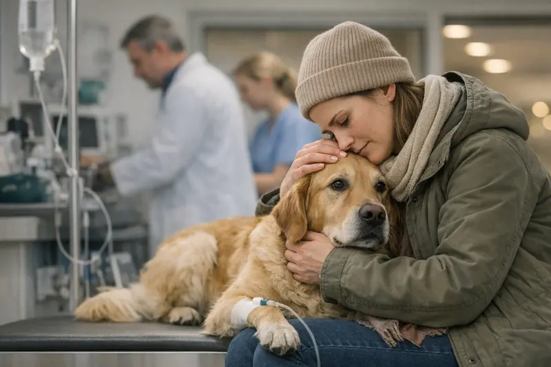 Ein Hundebesitzer konsultiert einen Tierarzt während des Notdienstes an Silvester.