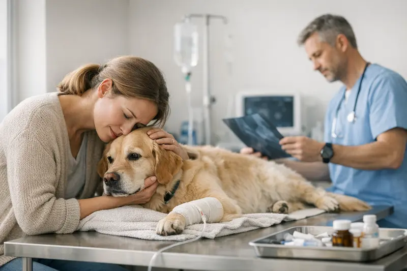 Tierarztkosten für Hunde bei Panik und Stress Ein Hund in einer Tierarztpraxis während einer Untersuchung, umgeben von medizinischem Equipment.