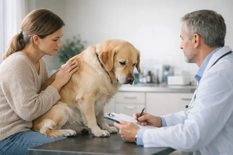 Hund mit Tierarzt zur Versicherungsberatung Ein Hund mit einem Tierarzt, der über Gesundheitsfragen und mögliche Versicherungsoptionen informiert.