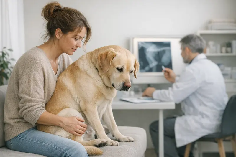 Tierarztberatung bei Gelenkproblemen Ein Hundebesitzer spricht mit einem Tierarzt über mögliche Behandlungskosten bei Gelenkproblemen.