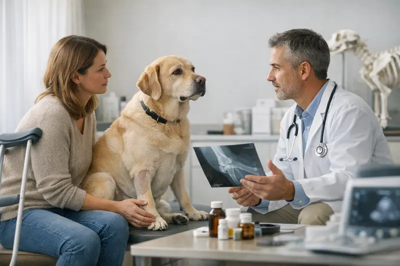 Tierarztbesuch bei Bewegungsproblemen von Hunden Hund mit Bewegungsproblemen beim Tierarzt zur Untersuchung.