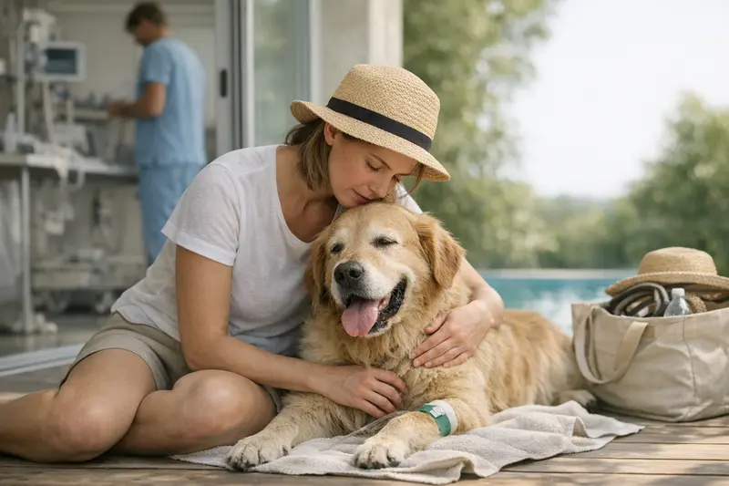 Notfallversorgung für Hunde im Sommer Ein Hund bei einem Tierarztbesuch während des Sommers, der auf Notfälle vorbereitet ist.