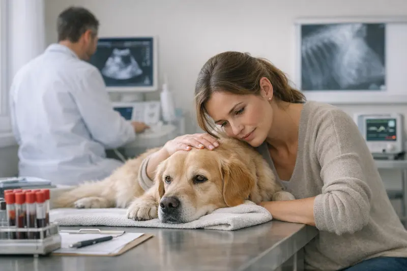 Diagnostik beim Tierarzt für Hunde Ein Hund wird von einem Tierarzt untersucht, um mögliche Gesundheitsprobleme abzuklären.