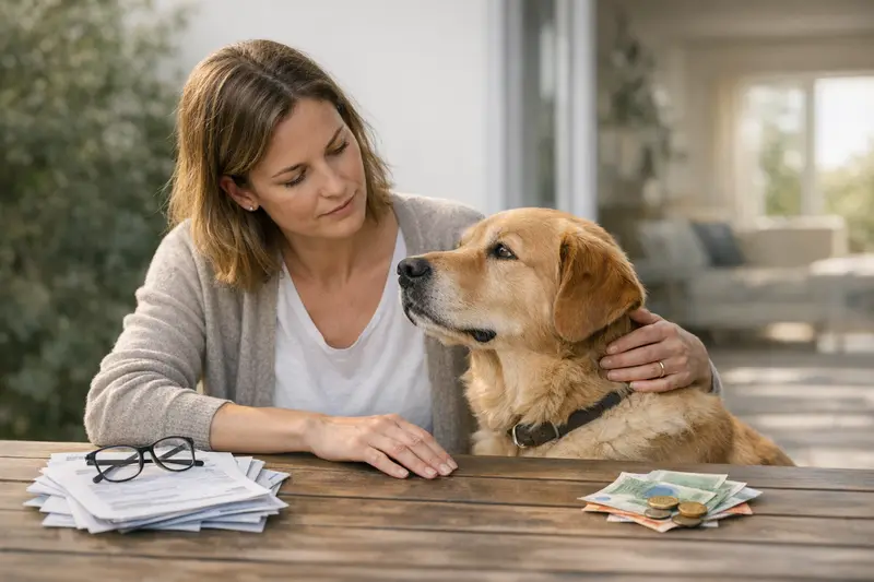 Ein Hund bei einem Tierarzt, der die Kosten und Erstattungen einer Krankenversicherung bespricht.