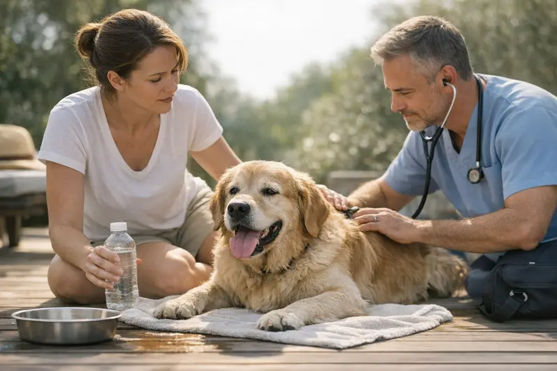Ein Hund liegt entspannt im Schatten, während ein Tierarzt ihn auf mögliche Gesundheitsprobleme untersucht