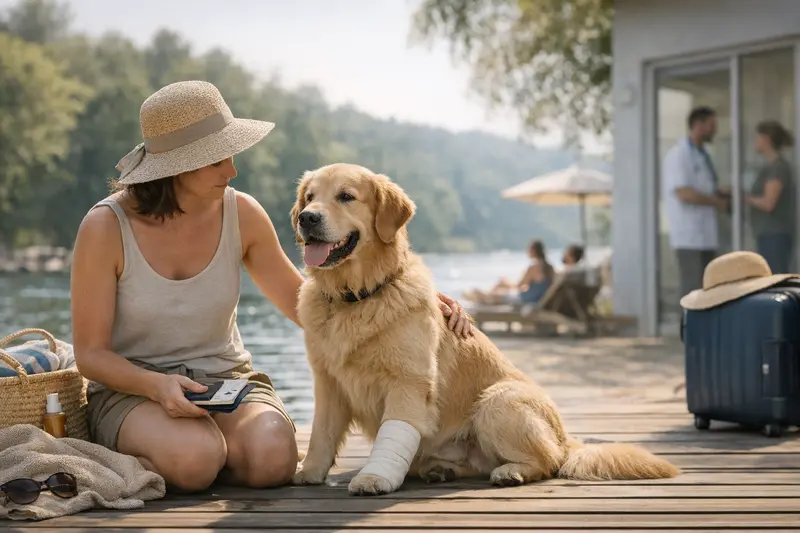 Hund beim Tierarzt in der Sommersaison Hund beim Tierarzt während der Sommersaison, um Wartezeiten bei Tierarztkosten zu besprechen.