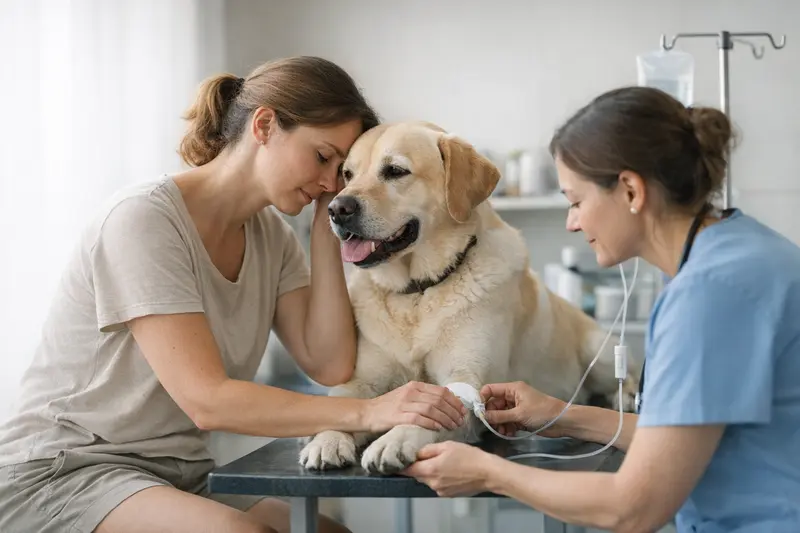 Tierarzt behandelt Hund während des Sommers, symbolisiert ambulante Kosten und OP-Schutz