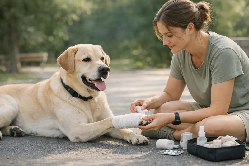 Pfotenverletzungen bei Hunden durch heißen Asphalt Ein Hund läuft über einen heißen Asphaltweg, während ein Tierarzt einen Verband an seinen Pfoten anlegt.