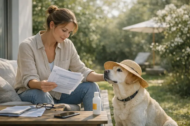 Hund im Sonnenlicht mit Tarifvergleich Ein Hund genießt die Sonne im Park, während sein Besitzer über einen Tarifvergleich für eine tierärztliche Versicherung nachdenkt.