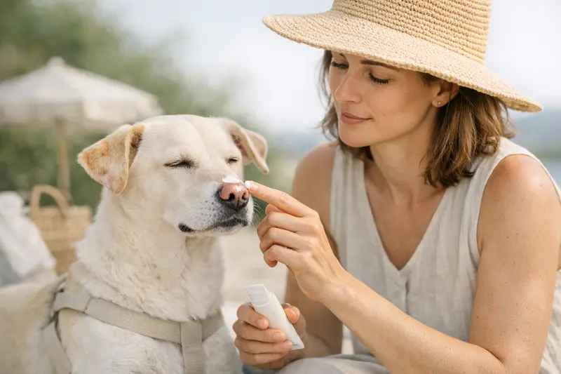 Hund im Sonnenlicht - Sonnenschutz notwendig Ein Hund mit dünnem Fell liegt im Sonnenschein und benötigt besonderen Sonnenschutz.