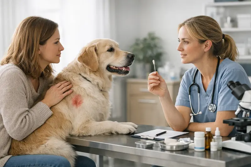Tierarztleistungen bei Hautproblemen von Hunden Tierarzt untersucht einen Hund mit Hautproblemen auf mögliche Therapieansätze.
