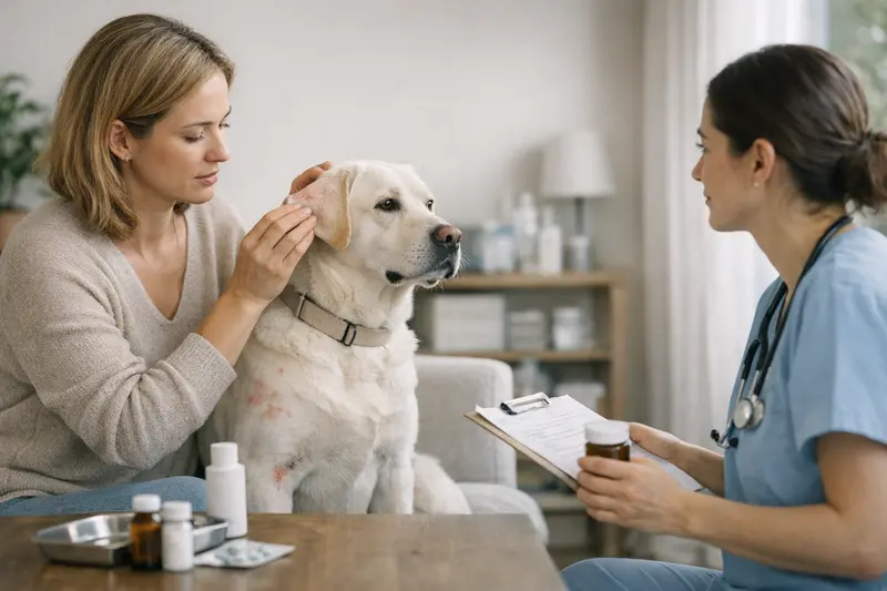 Hunde und Katzen unterhalten sich mit einem Tierarzt über Hautgesundheit und Versicherungsleistungen.