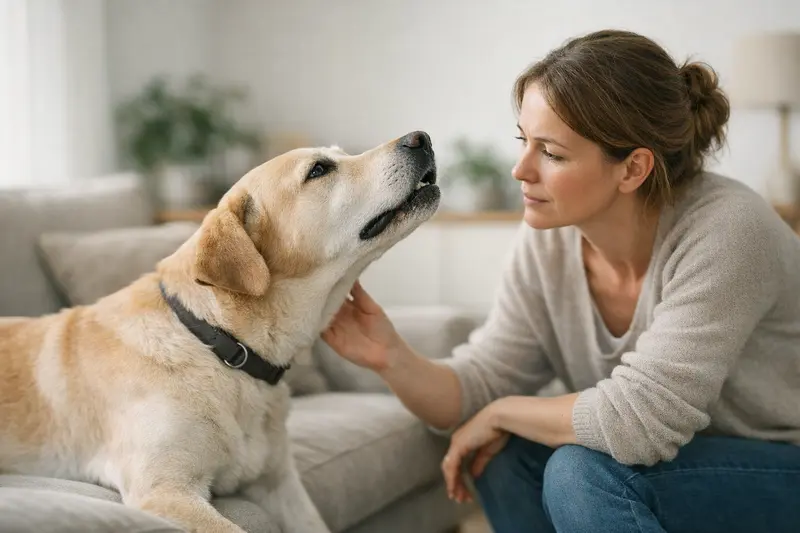 Halsstrecken bei Hunden als Indikator für Gesundheit Ein Hund streckt seinen Hals nach vorne, während er reagiert.