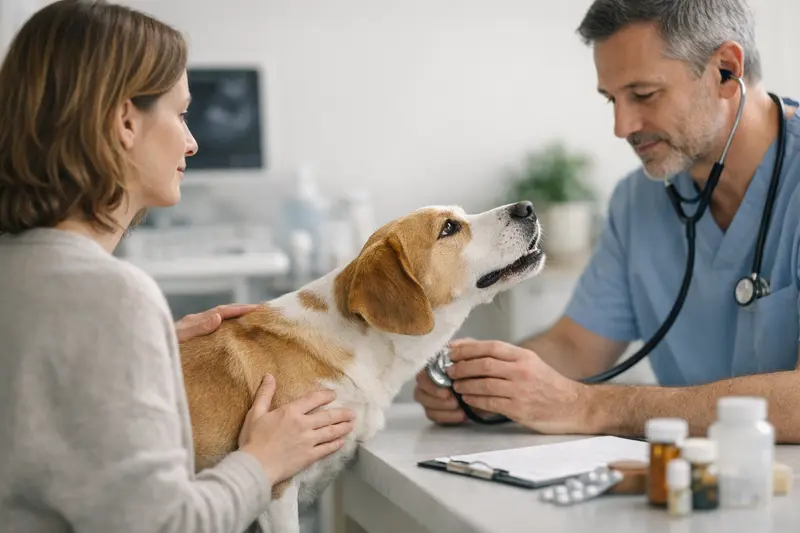Gesunder Hund mit Tierarzt, der über Krankenversicherung spricht.